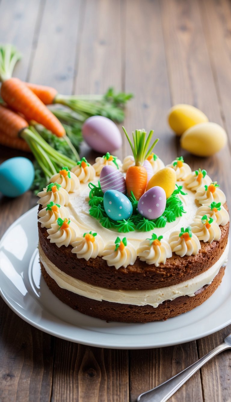 A freshly baked carrot cake sits on a white plate, covered in creamy frosting and adorned with colorful Easter decorations