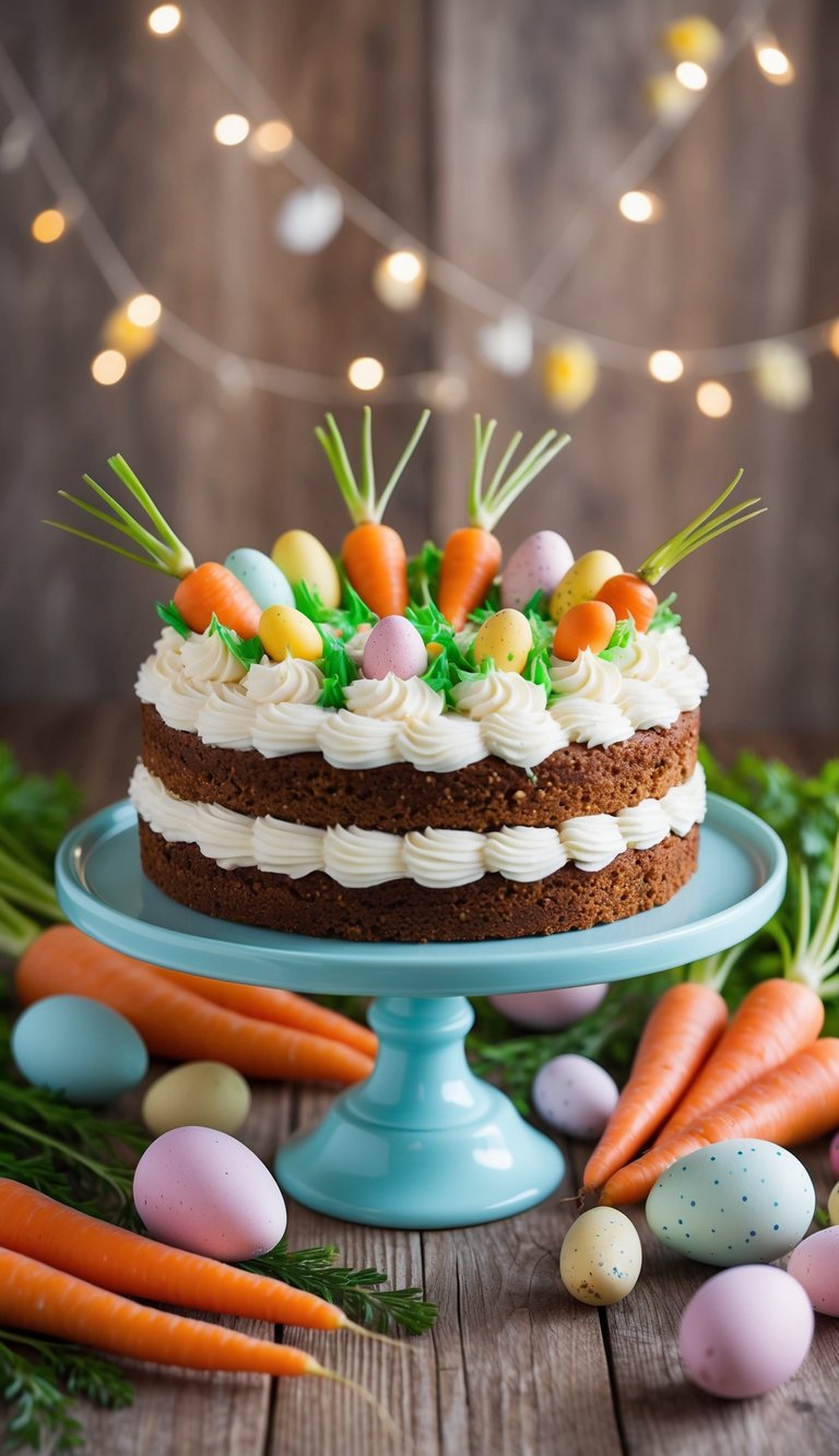 A festive Easter carrot cake displayed on a cake stand with decorative icing, surrounded by pastel-colored eggs and fresh carrots