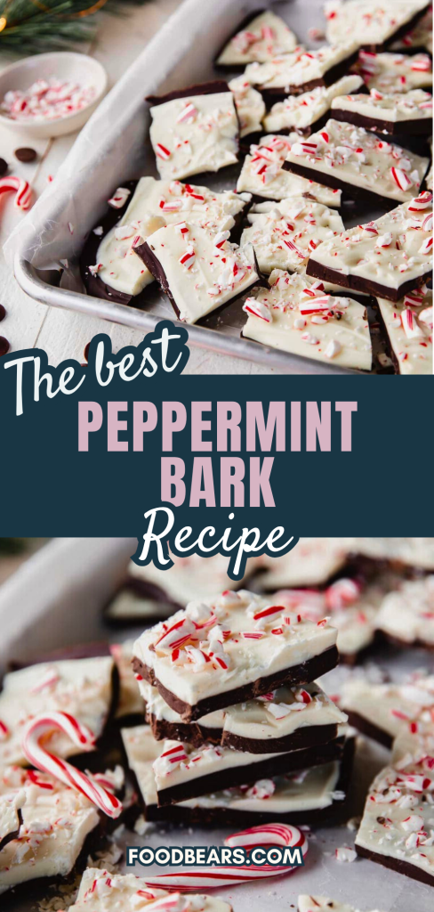 Layered peppermint bark with semisweet chocolate, white chocolate, and crushed candy canes