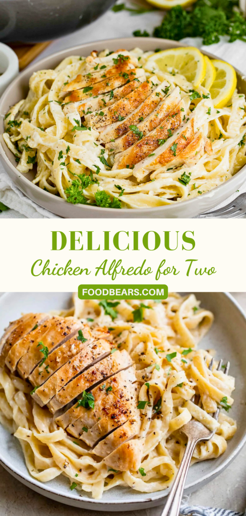 Creamy chicken Alfredo with fettuccine and sliced golden chicken